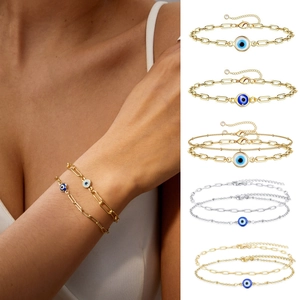 Minimalist Evil Eye Paperclip Chain Bracelet For Women Stainless Steel Turkish Protection Jewelry Adjustable