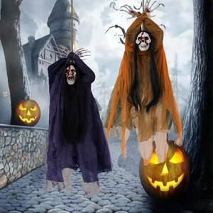 Scary hanging ghost skeletons with purple and orange robes for Halloween haunted house decor
