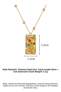 Detail of square titanium steel necklace with colorful crystals and 2.3x1.2cm pendant size