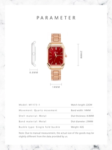 Detail view of red octagonal watch face with dimensions 29mm diameter and 8.8mm thickness