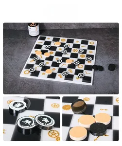 Macro detail of steampunk chess board with gear clock patterns and resin crown pieces