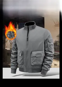 Detail of gray flight jacket featuring ribbed cuffs and quilted warm lining