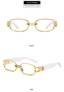 Detailed front and side view of gold frame sunglasses with transparent legs and hinges