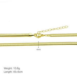 Detail showing 4mm gold snake chain necklace with 45+5cm length and clasp parameters