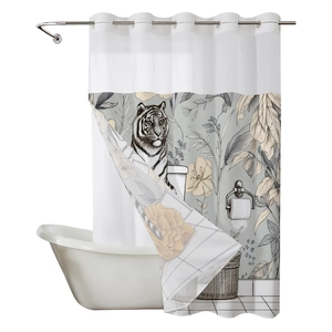 Double-layer waffle shower curtain with tiger and floral print and metal hook rings