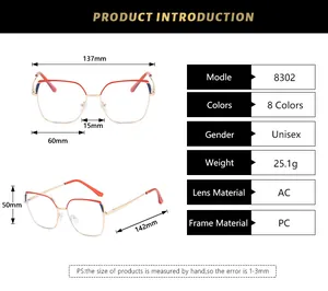 Detailed size chart for cat eye glasses frames showing measurements of width and temples