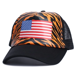 American flag trucker hat with orange tiger print foam front and black mesh back