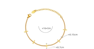 Detail of adjustable gold titanium steel bracelet with rectangular bar charms and lobster clasp