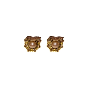 Boucles d'oreilles vintage en or avec perle centrale et strass champagne pour femme