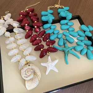 Chunky Acryl Tropfen Perlenkette Und Passendes Armband Mit Seestern Muschel Anhänger Ozean Strand Urlaub Schmuck Für Damen