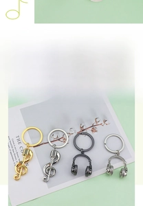 Detailed view of four musical note and headphone keychains on a decorative white card