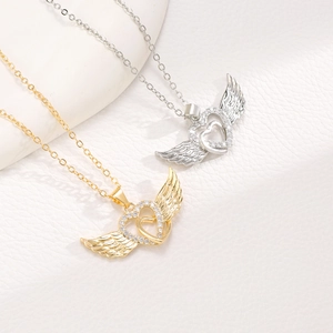 Hollow heart and angel wing pendant necklaces in gold and silver with diamond accents
