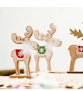 Close-up of wooden Christmas reindeer with white faux fur collar and snowflake details