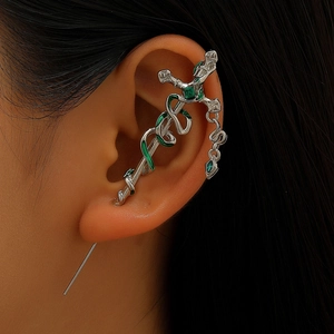 Gothic Copper Snake Sword Ear Cuff Earrings For Women Punk Dark Rhinestone Inlaid Wrap Around Clip On Ear Jewelry Accessory