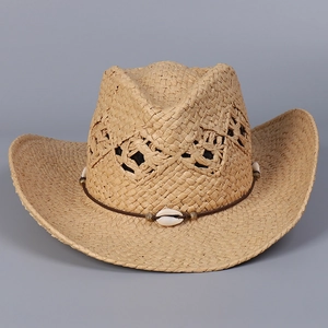 Close-up of straw cowboy hat featuring hollow diamond weave and shell bead band detail