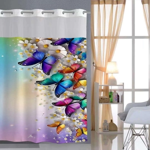 Detail of waterproof polyester shower curtain with metal grommets and 3D butterfly floral print
