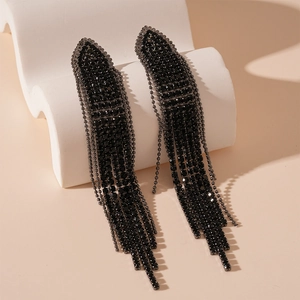 Gothic style black rhinestone triangle arrow long tassel earrings for women