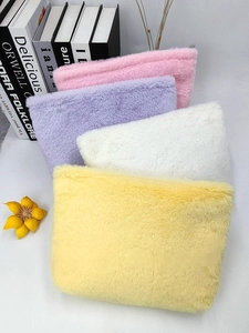 Plush Makeup Bag Faux Fur Large Capacity Travel Cosmetic Organizer Macaron Candy Color For Women Soft Zipper Toiletry Pouch