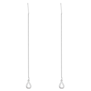 Close-up of silver long tassel earrings with sparkling cubic zirconia hollow teardrops