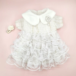 Detail of tweed pet princess dress with pearl brooch and lace layers for small dogs