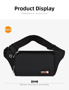 Front detail of black oxford sports waist bag with zipper pockets and headphone port