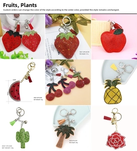 Detailed grid of rhinestone baseball and fruit keychains with colorful tassels and bells