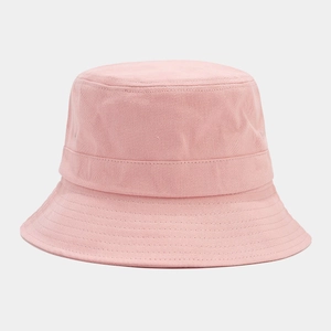 Detailed front view of a pink cotton canvas bucket hat with reinforced stitched brim