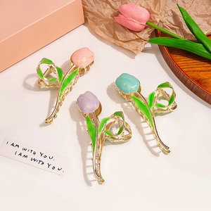 Elegant tulip claw clips in pink purple and blue with gold finish floral hair jewelry