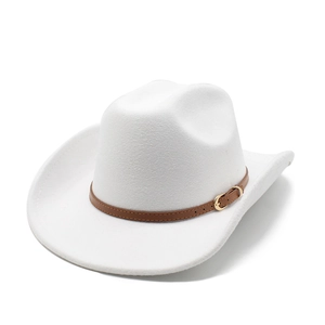 White wool felt western cowboy hat with wide brim and brown leather decorative band