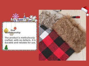 Close-up of large buffalo plaid Christmas stockings with plush brown faux fur trim accents