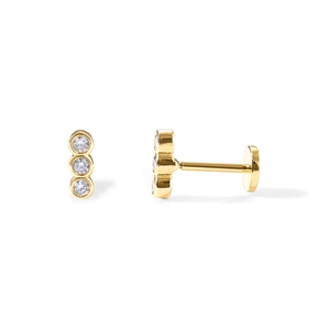 Macro view of gold S925 sterling silver snake cartilage studs with inlaid round crystals