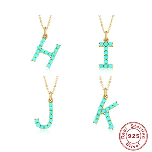 S925 sterling silver initial necklace with natural turquoise in gold-plated letters H I J K