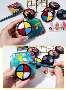 Detail showing red, yellow, blue, and white solid nail gel with application process
