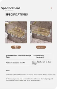 Detailed dimension guide for wall-mounted gold iron bathroom storage rack in two sizes