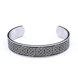 Vintage Viking style stainless steel open cuff bracelet with Celtic knot patterns