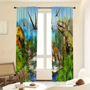 Detail view of high-density dinosaur forest pattern blackout curtains for kids room