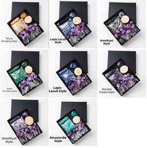 Detail of 8 natural crystal gift sets featuring amethysts, hearts, and hexagonal columns