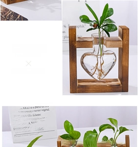 Close-up of heart-shaped glass hydroponic vase with a vintage wooden desktop stand