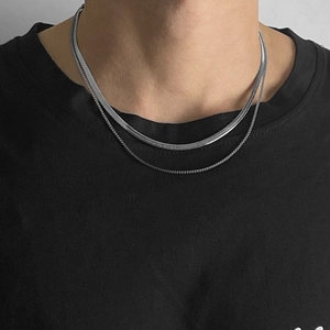 Minimalist silver double-layered snake bone and curb chain necklace set for women