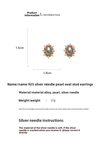 Detailed size chart for vintage oval pearl earrings with 925 silver needles and alloy frame