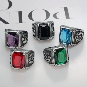 Men Vintage Punk Ring Stainless Steel Rectangle Faux Gemstone Gothic Relief Patterns Signet Jewelry Durable Gift For Him