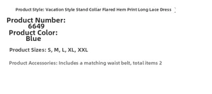 Detailed size chart for blue floral maxi dress with flare sleeves and matching belt