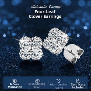 Detailed macro view of S925 sterling silver four-leaf clover moissanite earrings with hallmark