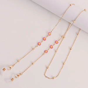 Colorful floral sunglasses and face mask chain with pink enamel flowers in gold finish