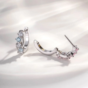 Polished silver geometric huggie earrings with pink and blue micro-set zircon stones