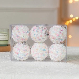 Set of 6cm white Christmas balls with macaron foam glitter in a clear gift box