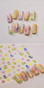Close-up of 3D embossed nail stickers featuring colorful flowers and blue butterflies