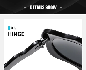 Macro view of wave-shaped Y2K sunglasses hinge featuring smooth metal screw fixing detail