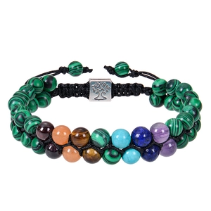 Double Layer Seven Chakra Natural Stone Beaded Bracelet With Tree Of Life Charm Braided Adjustable Healing Energy Stone Jewelry For Unisex