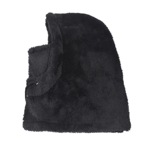 Detail of black plush balaclava hood featuring adjustable drawstring and ear protection